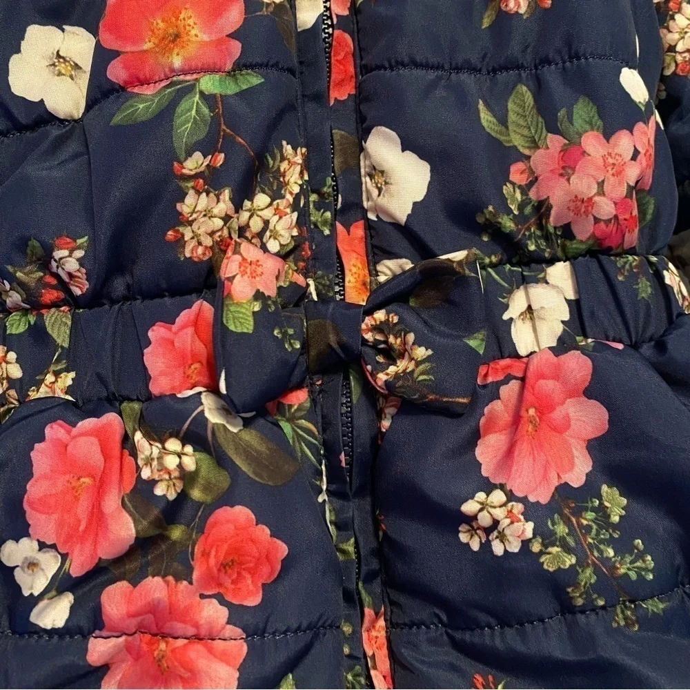 Little Me Navy Blue With Pink Floral Print Puffer Jacket Coat Size 18 Months